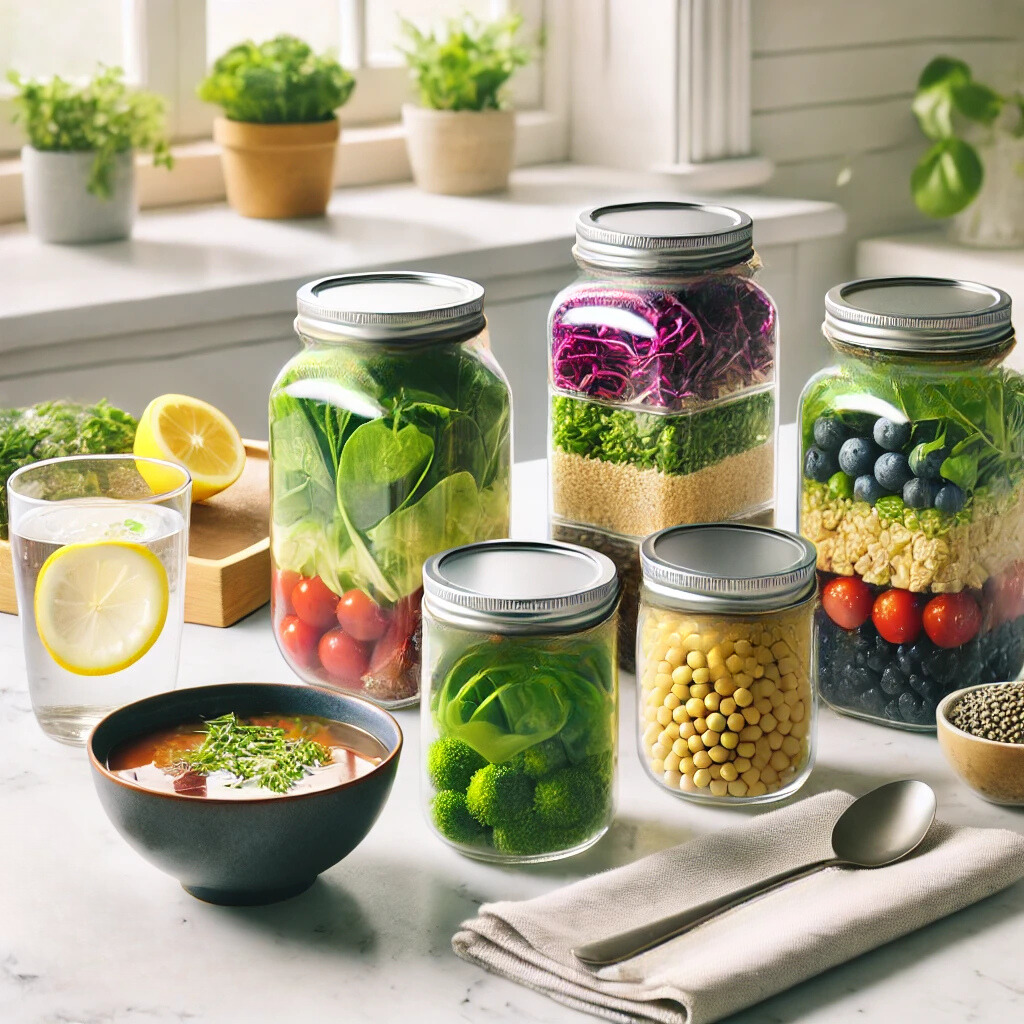 Mason jars with prepared salads, soup, glass of ice water.