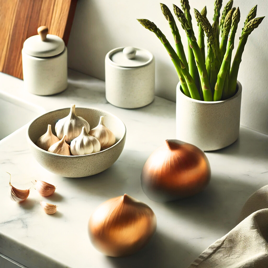 Prebiotic-rich foods of onions, a bowl of garlic, and a bunch of asparagus placed on a bright marble countertop in a modern and uncluttered setting.