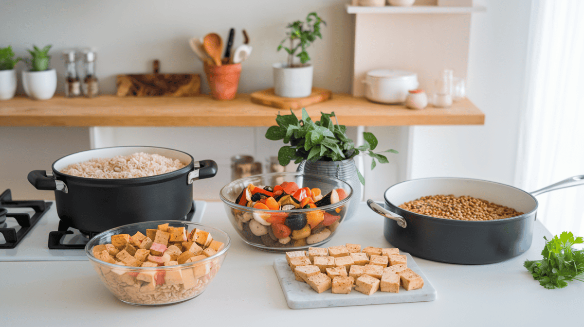 vegan meal prep, pans filled with brown rice, lentils, tofu, and roasted vegetables