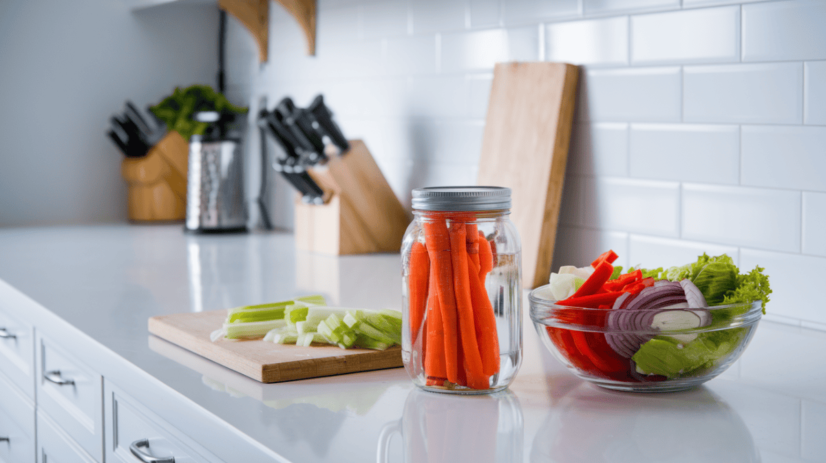 vegan meal prep, cutting board with diced vegetables, mason jar with carrots in water, bowl of salad ingredients