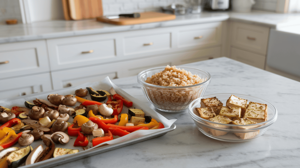 meal prep ingredients on counter. sheet pan of roasted vegetables, bowl of cooked tofu squares, bowl of brown rice