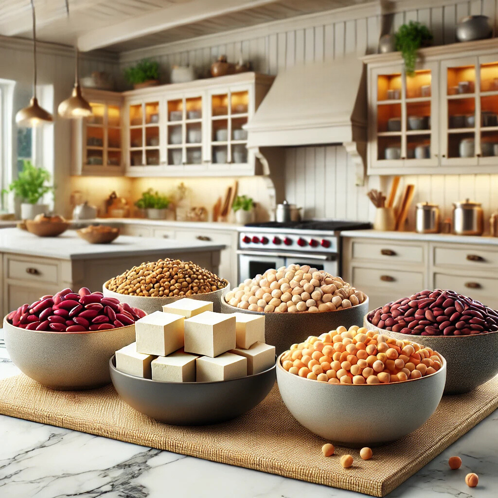 Display of plant-based proteins in bowls on the kitchen countertop. Includes tofu squares, chickpeas, lentils, and beans.