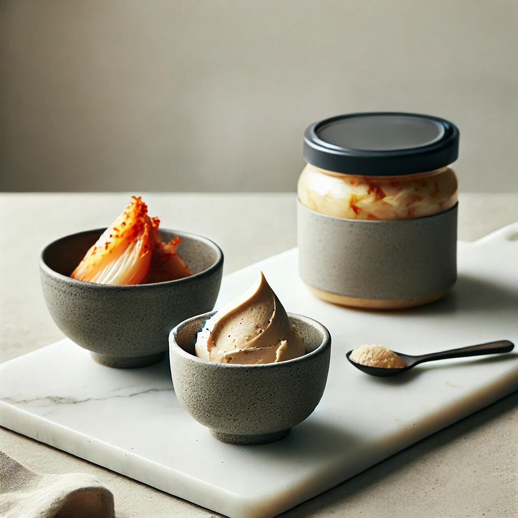 A clean scene featuring two small bowls on a marble countertop. One bowl contains a scoop of creamy miso paste, while the other holds vibrant kimchi, showcasing fresh and natural textures.