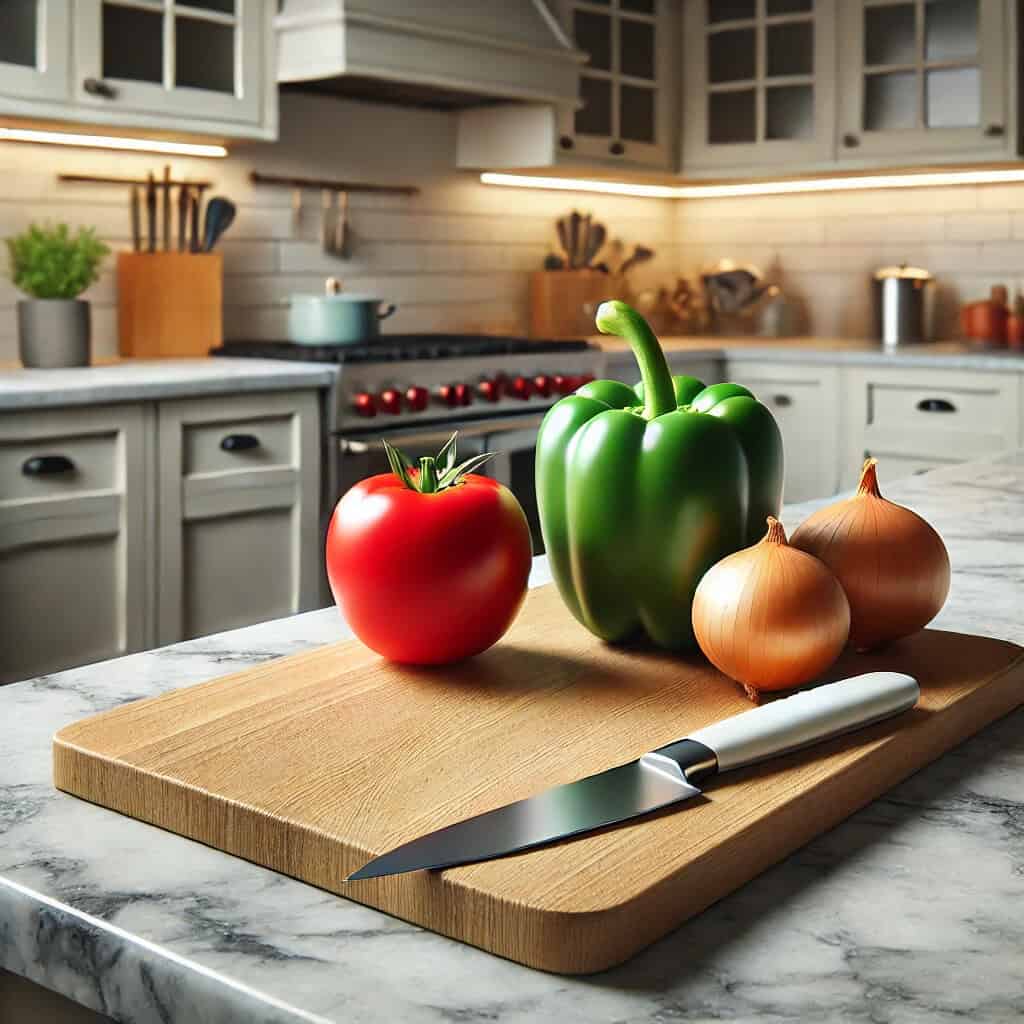 Plant-based meal prepping showing a wooden cutting board, a knife, a bell peppers and onions.