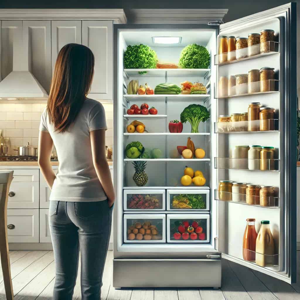 Best plant-based meal prep kits. Woman standing looking perplexed while in front of an open refrigerator full of vegetables and jars of condiments and sauces not knowing what to prepare.