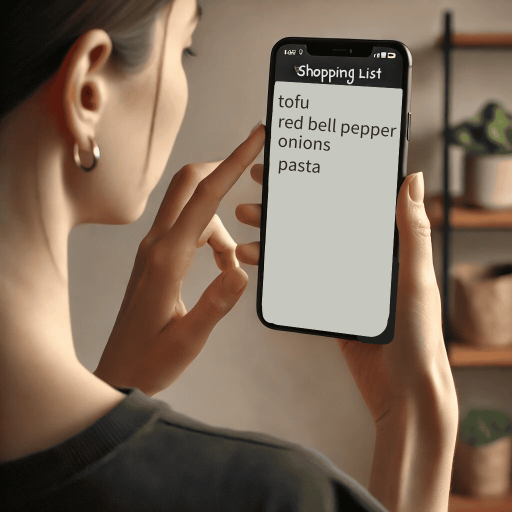 Over-the-shoulder view of a woman holding her phone while checking her shopping list.