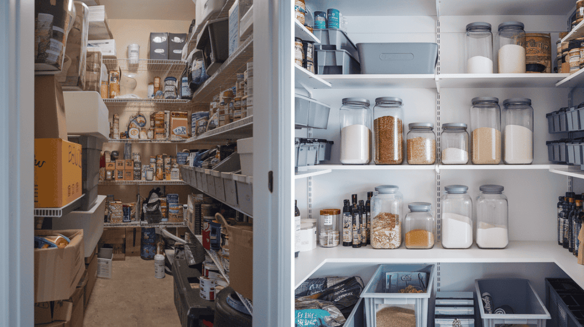 side by side unorganized pantry vs organized plant-based pantry with food in containers