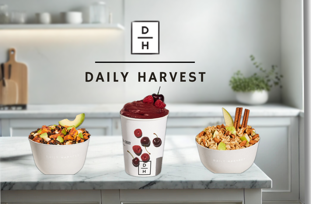 Daily Harvest Meal Plan Delivery Service showing some sample prepared meals and a fruit smoothie. Part of our list of Best Plant-Based Meal Prep Kits.