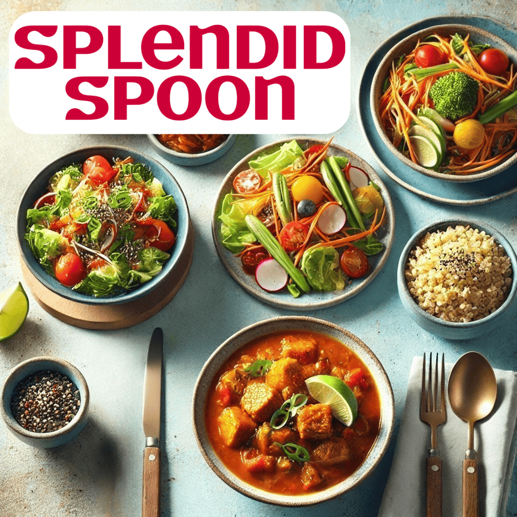 Splendid Spoon Meal Plan Delivery Service showing some sample prepared meals including soup, salads and grains. Part of our list of Best Plant-Based Meal Prep Kits.