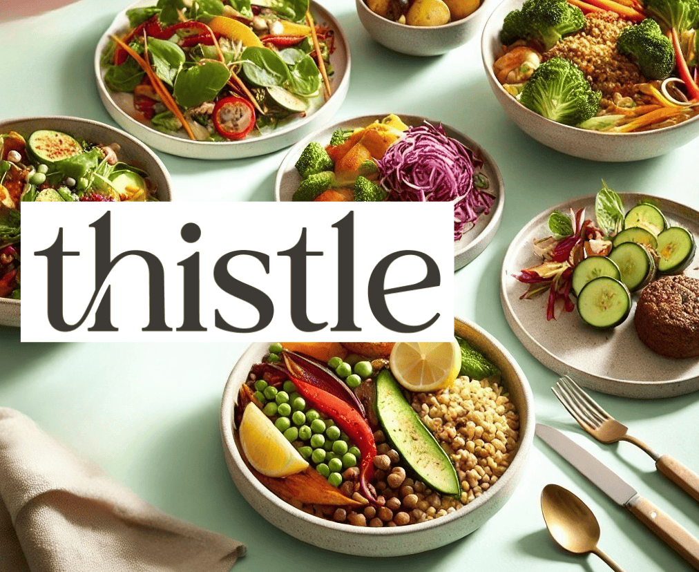 Thistle Meal Plan Delivery Service showing some sample prepared meals including salads and plant-based meals. Part of our list of Best Plant-Based Meal Prep Kits.