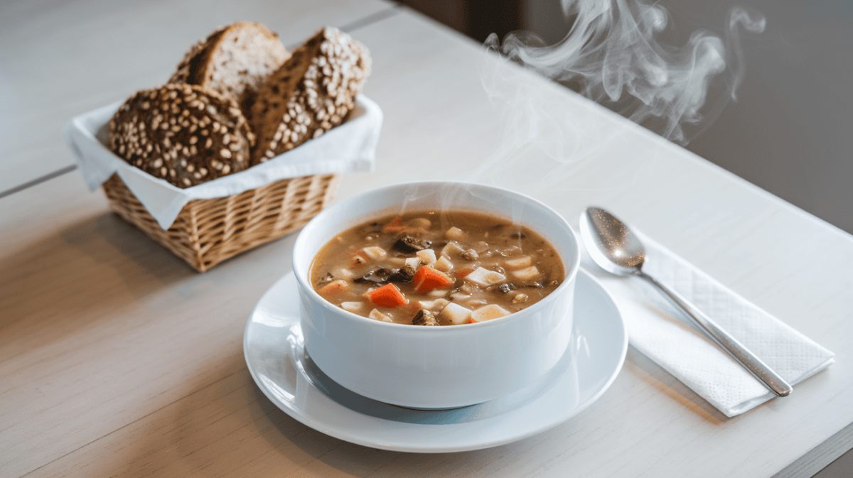 vegan plant based bowl of vegetable soup with basket of multigrain bread