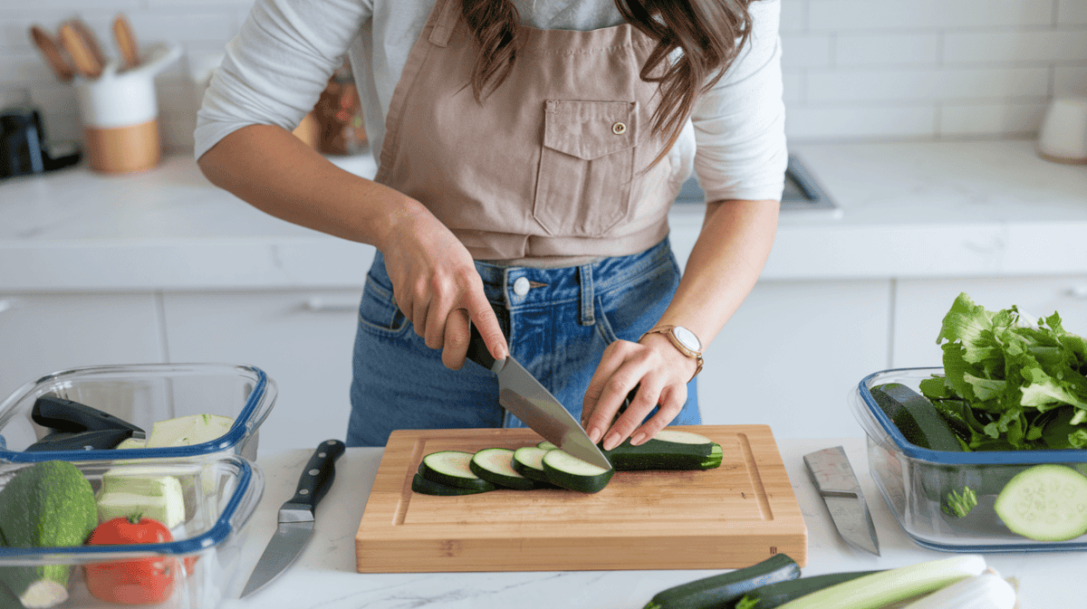 woman using meal prep tools and cutting veggies and putting into meal prep containers