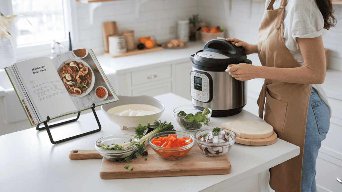 woman using instant pot as one of her meal prep tool