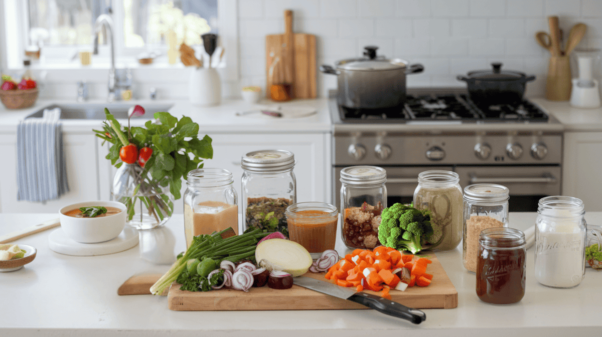 mason jar meal prep showing jars filled with sauces and ingredients