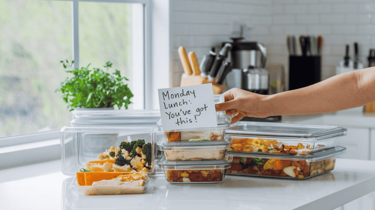 meal prep containers filled with lunches. the note says 'Monday Lunch: You've got this!'