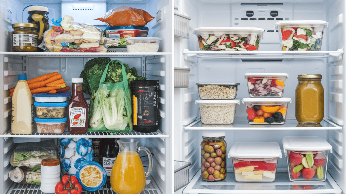 Before and after shot of a refrigerator for organize meal prep 