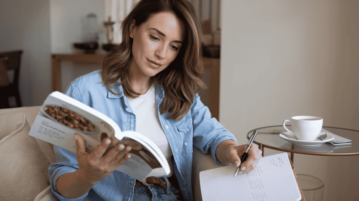 woman is seated in her living room making a meal prep schedule