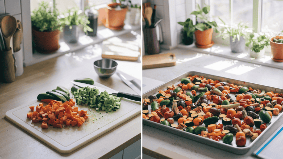 meal prep recipes showing a before of a cutting board of chopped vegetables and an after shot of a sheet pan of roasted vegetables