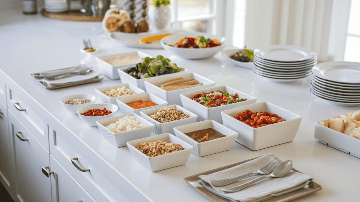 buffet style meal prep showing containers of food ready to be enjoyed