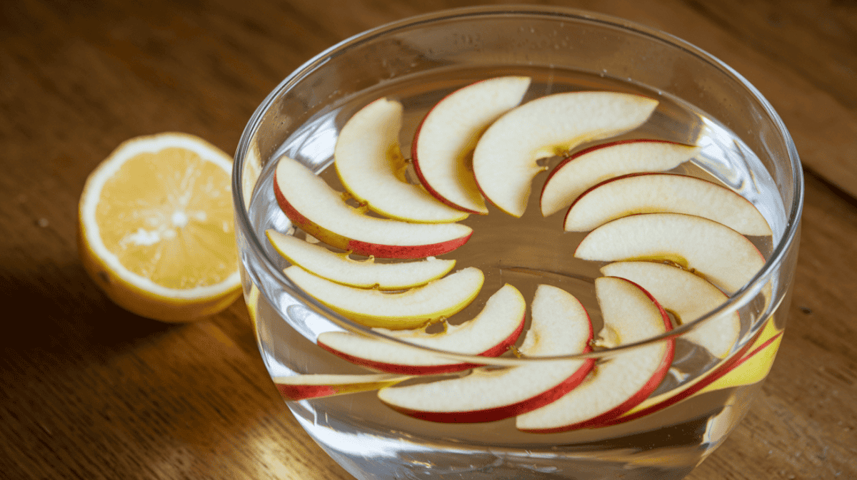 to keep meals fresh, apples are floating in water with squeezed lemon to preserve them.