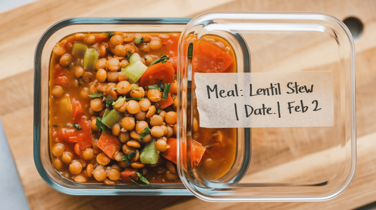 lentil soup in meal prep storage container showing importance of labeling with name and date