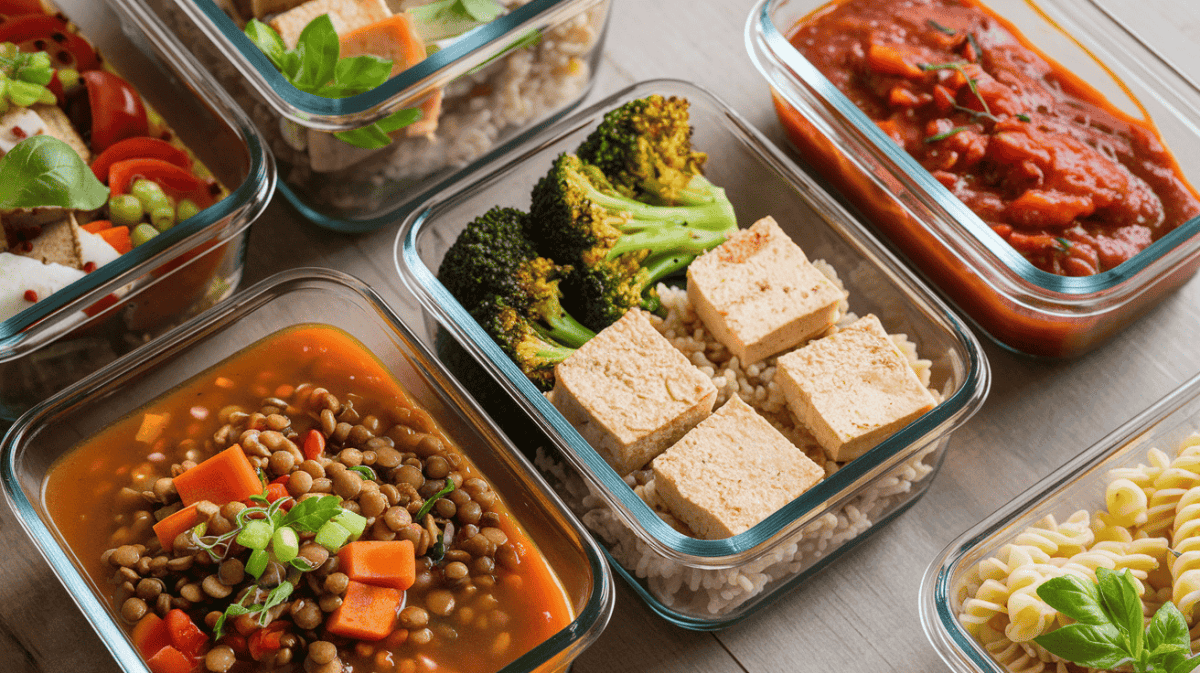 meal prep storage containers full of plant-based meals