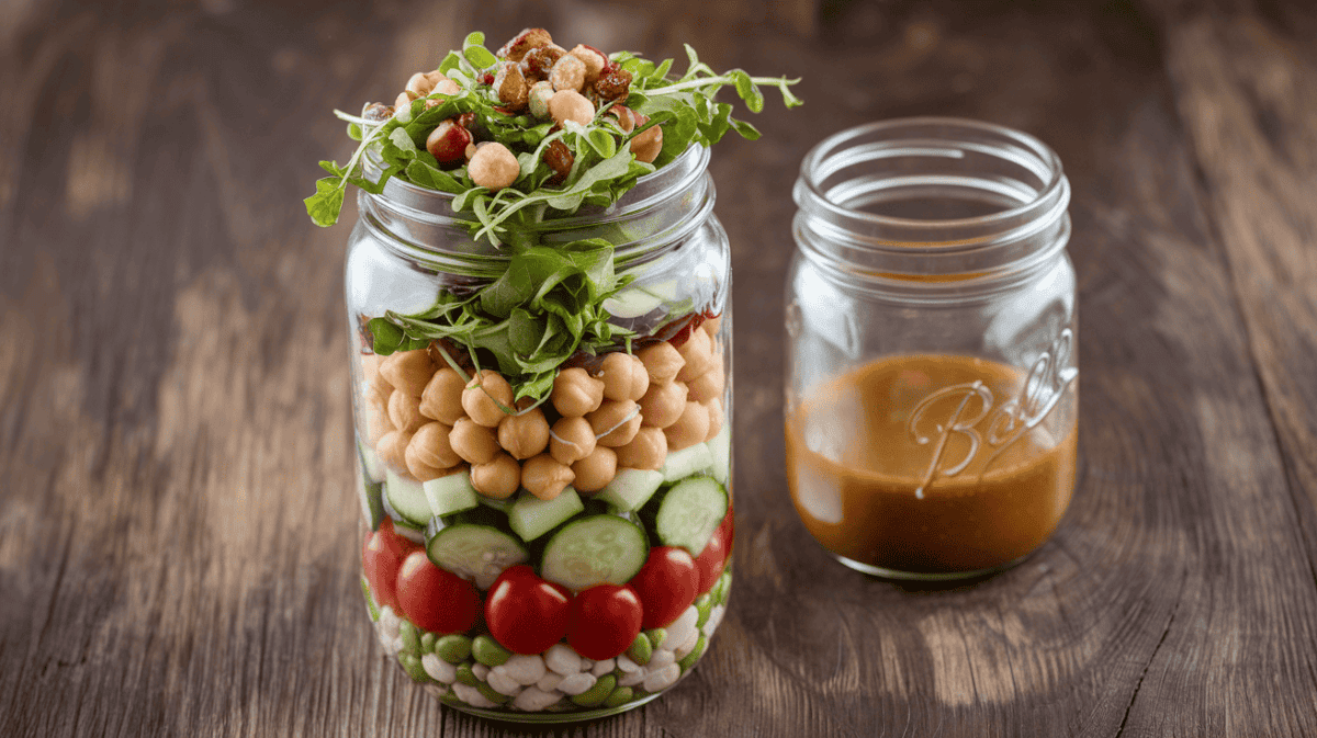 meal storage tip; Layered salad in mason jar with separate jar of salad dressing