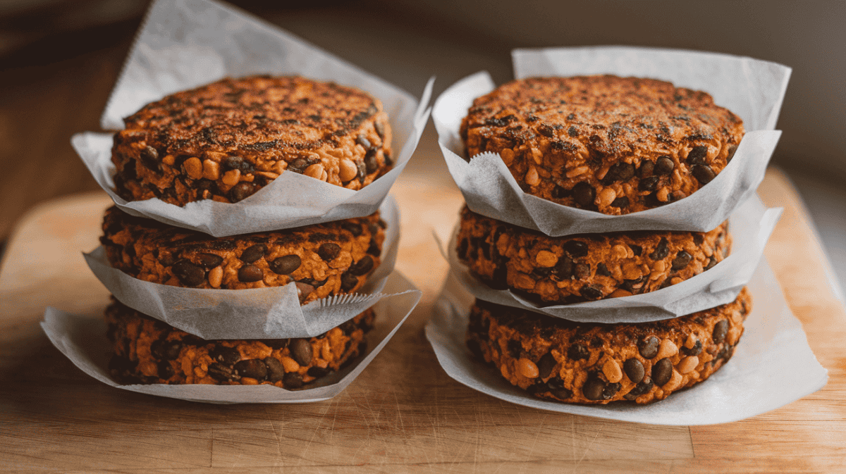 meal storage tip; stacked veggie burgers separated by parchment paper