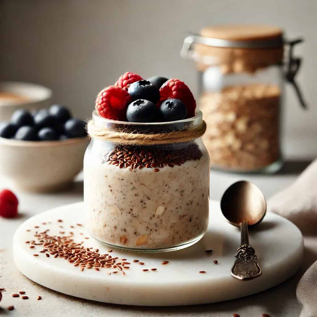 Jar of overnight oats with flaxseeds and berries.