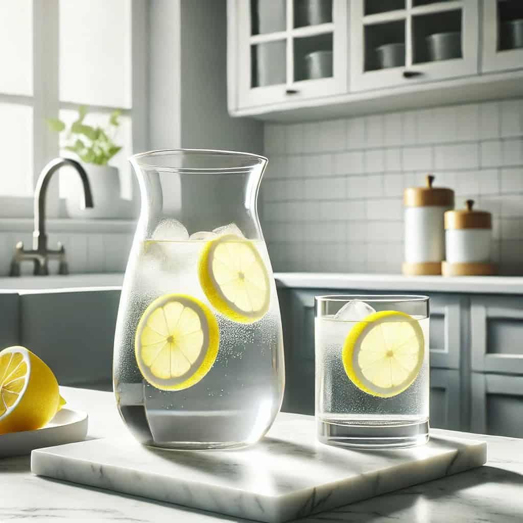 Jar of ice water with lemon slices next to a glass of ice water with lemon slices on the kitchen counter.