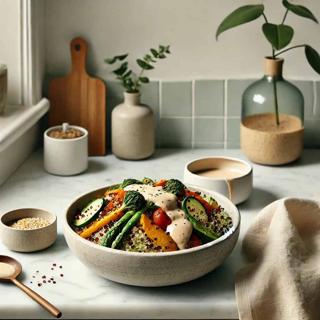 Lunch setting with a bowl filled with veggies, quinoa, and tahini sauce.