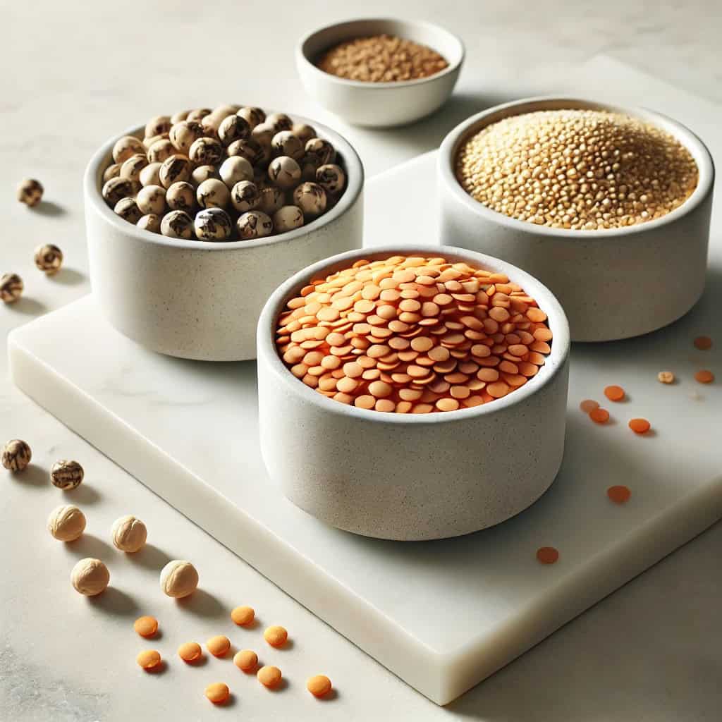 Bowls filled with plant-based, gut health foods such as lentils, chickpeas, and quinoa.