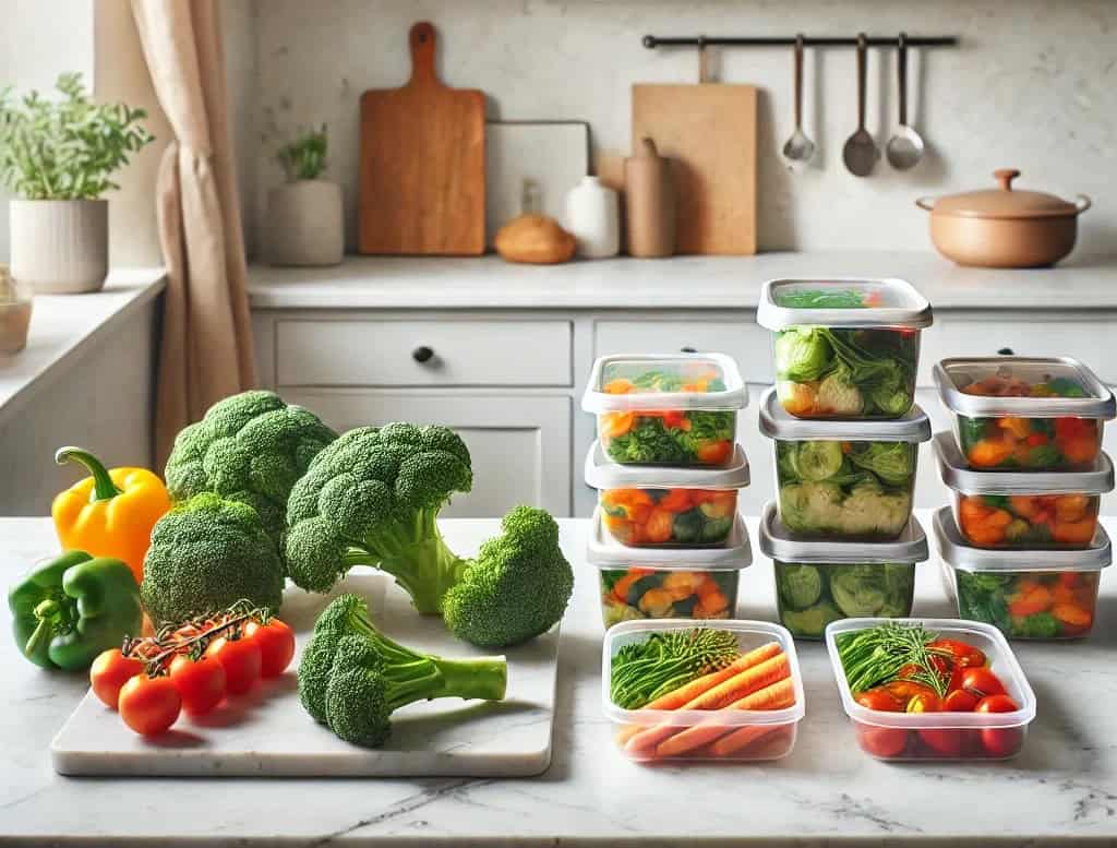 Gut health foods including vegetables like broccoli, tomatoes, and bell peppers, next to neatly stacked healthy meal prep containers The scene is bright and organized, highlighting the simplicity of meal preparation.