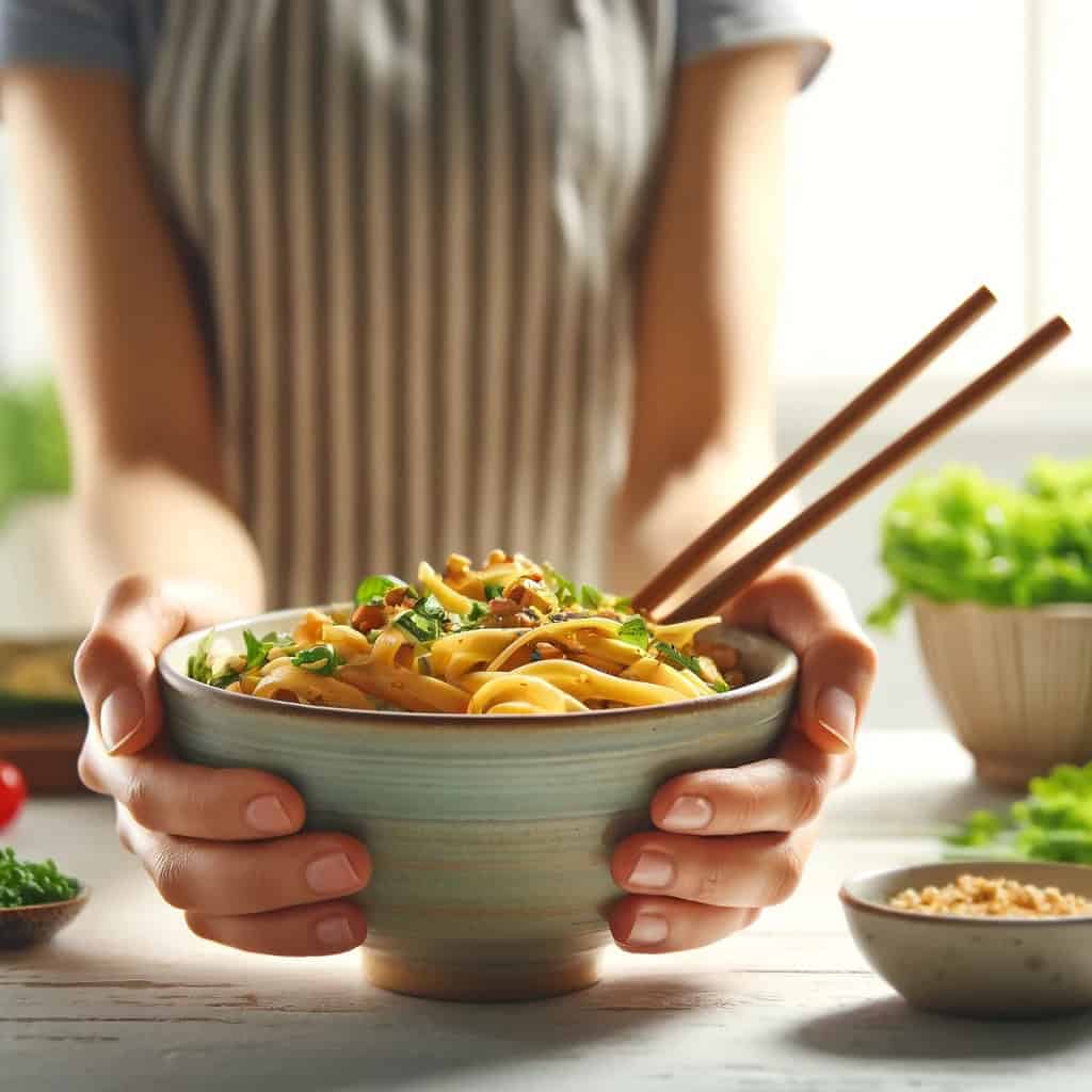 A bright and vibrant image of a person holding a bowl of pasta with chopsticks. The pasta is coated in a rich sauce, garnished with chopped nuts and fresh green herbs.