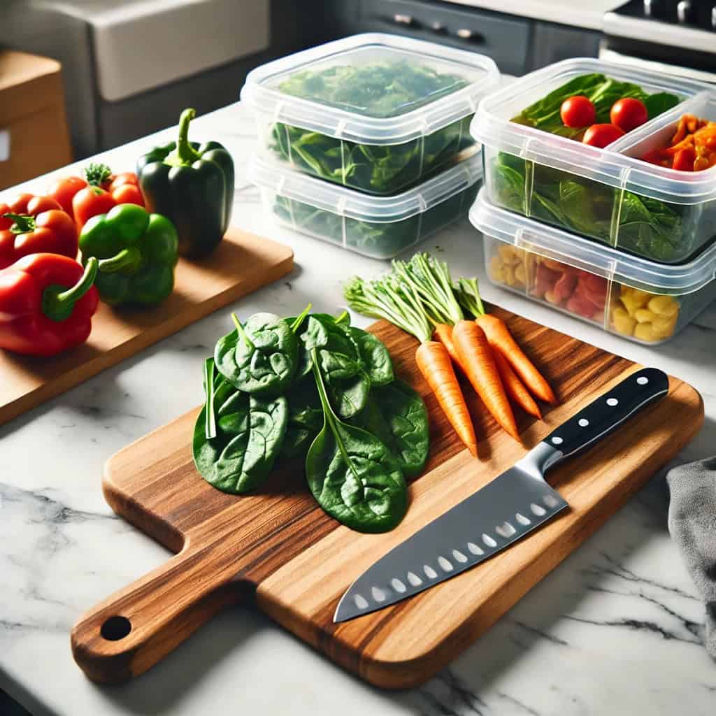 Top-down view of a marble countertop with a wooden cutting board holding a knife, fresh vegetables like spinach, carrots, and bell peppers, and meal prep containers in the background.