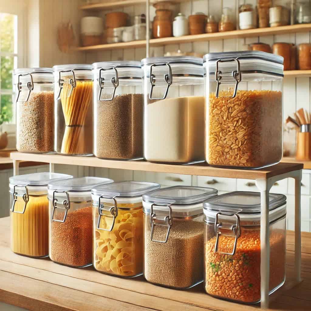 Modern kitchen pantry with clear plastic containers holding rice, pasta, lentils, and quinoa, neatly arranged on a wooden shelf to show plant-based meal prepping ideas.