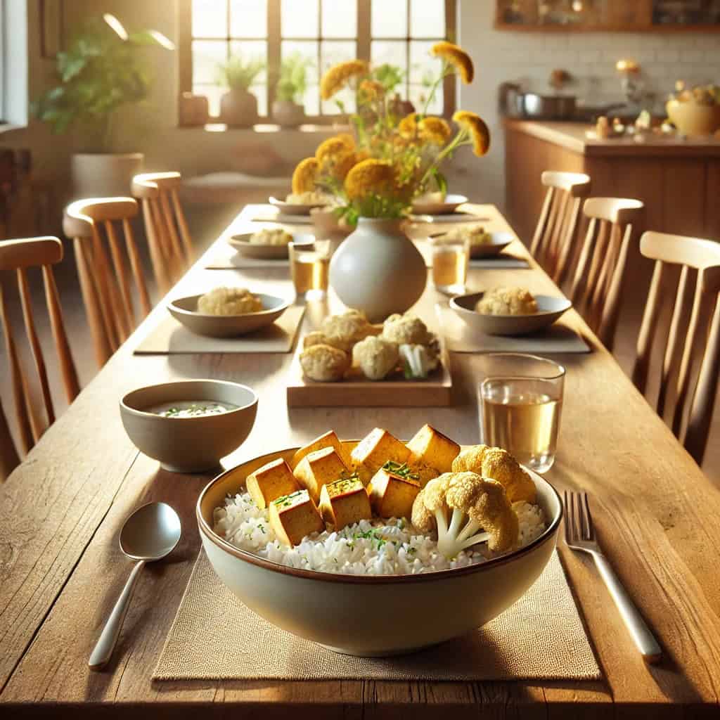 A bright dining room with a wooden table displaying a bowl of rice topped with tofu squares, roasted cauliflower, and a drizzle of sauce. The room features natural lighting, chairs, and a cozy, inviting atmosphere with clean decor.