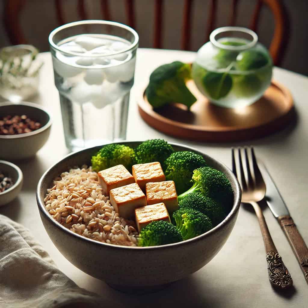 Side view of a bowl containing grain, baked tofu squares, and broccoli on a table set with utensils and a glass of ice water nearby.