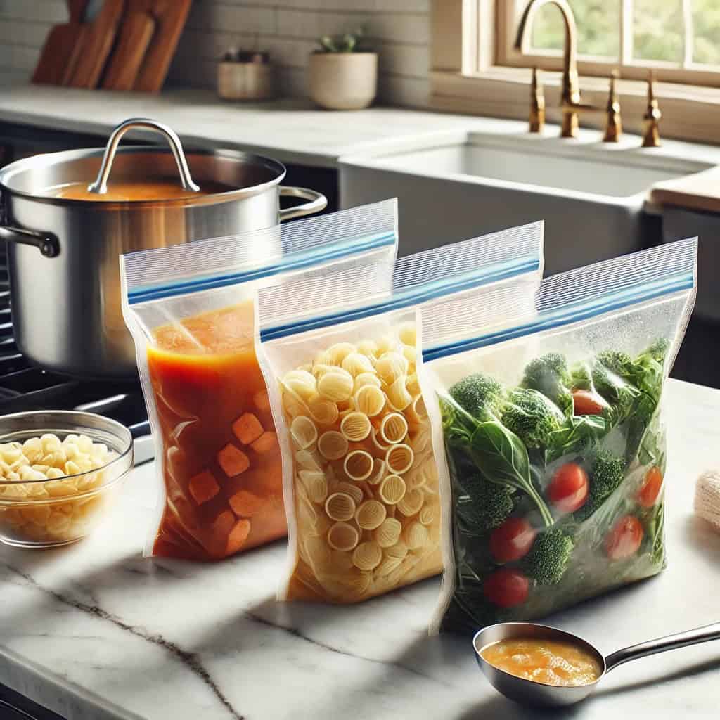 Zipper bags filled with soup ready for freezing, next to a soup pot with a ladle. The scene captures a meal prep process in a clean and organized kitchen.