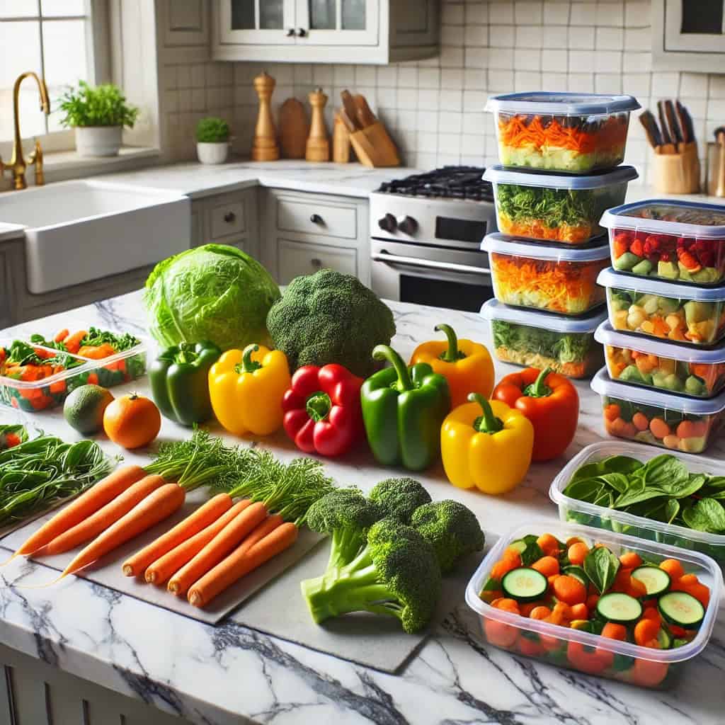 Marble countertop with fresh vegetables on one side, including carrots, bell peppers, broccoli, and spinach. On the other side are meal prep containers filled with colorful prepared meals, showcasing the transformation from fresh produce to ready-to-eat dishes.