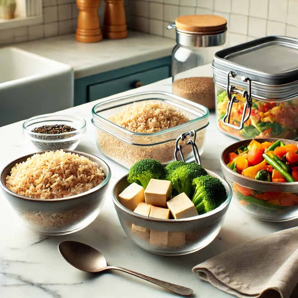 Bowls of brown rice, tofu squares, and colorful sautéed vegetables ready to prepare the meal.