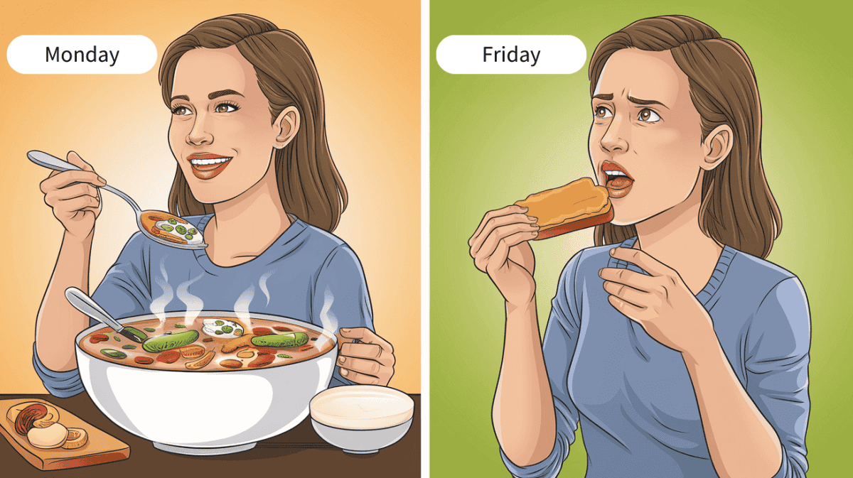 A common prep error is making too much food at the beginning of the week, leaving you with little to eat at the end of the week. This illustration shows the woman eating a huge meal on Monday and then hardly anything on Friday