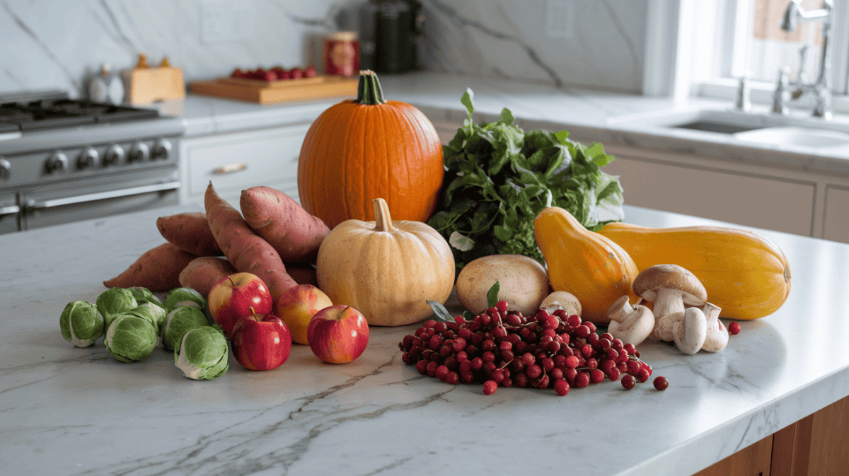 fall meal prep adds a lot of colorful produce to your diet, including pumpkin, sweet potatoes, apples, Brussels sprouts, squash, mushrooms, and cranberries