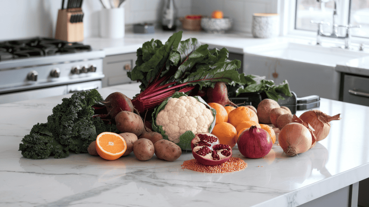 winter meal prep adds a lot of colorful produce to your diet, including kale, beets, potatoes, citrus fruits, cauliflower, pomegranate, lentils, and onions