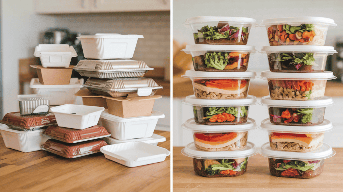 save money meal prepping; the image is comparing takeout containers from restaurants with meal prep containers filled with plant-based foods made at home