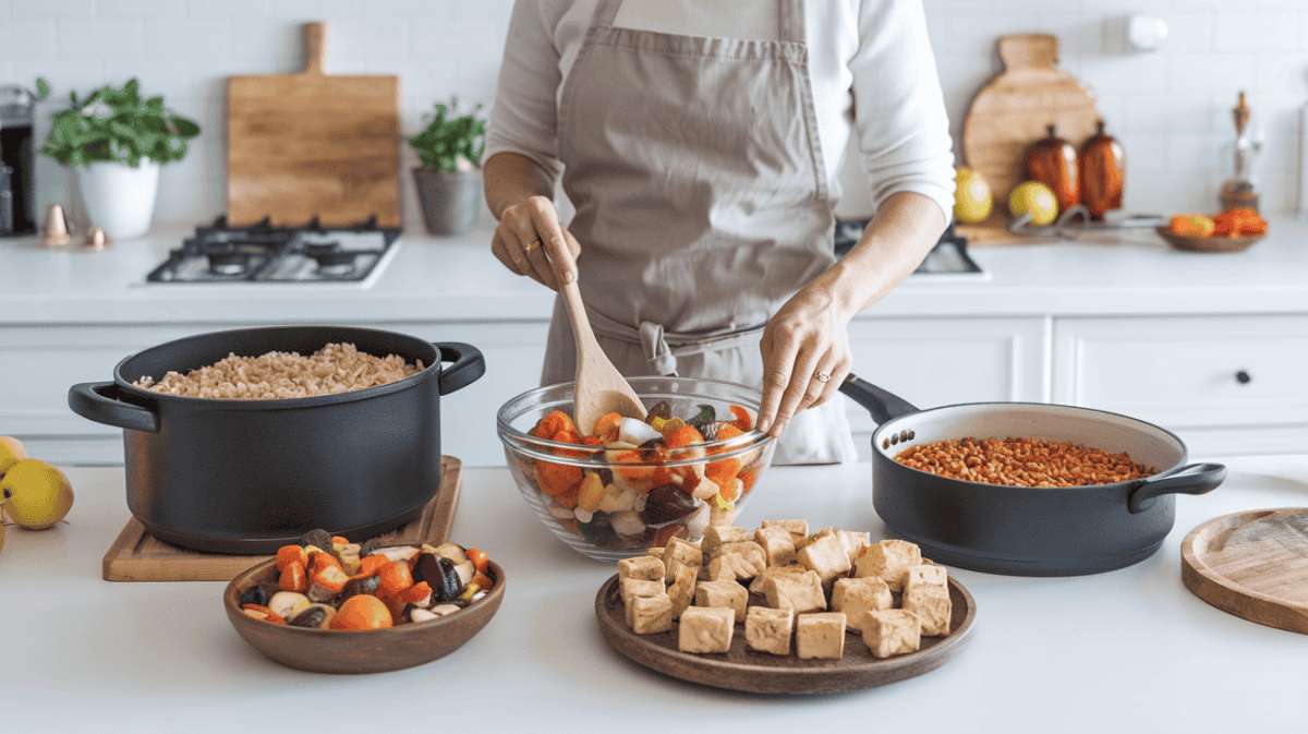 chef is preparing plant-based meal prep dishes, including brown rice, tofu squares, lentils, and roasted vegetables