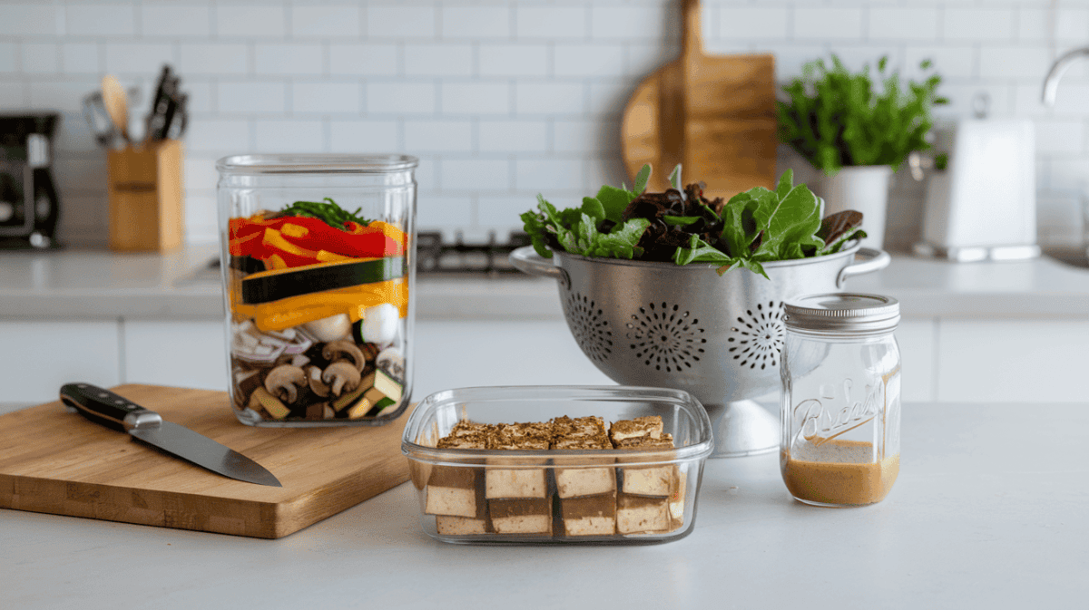 budget meal prep includes cut-up fresh vegetables, salad greens, and marinated tofu