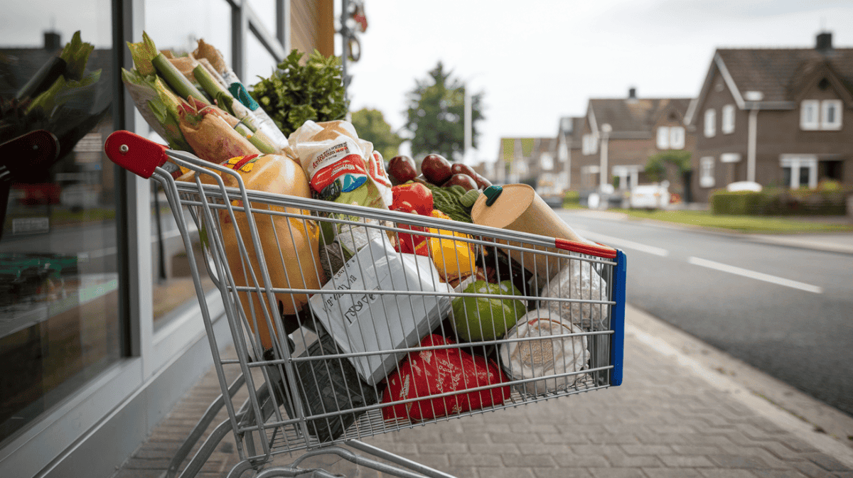 A grocery cart full of cheap meal prep items for a plant-based diet