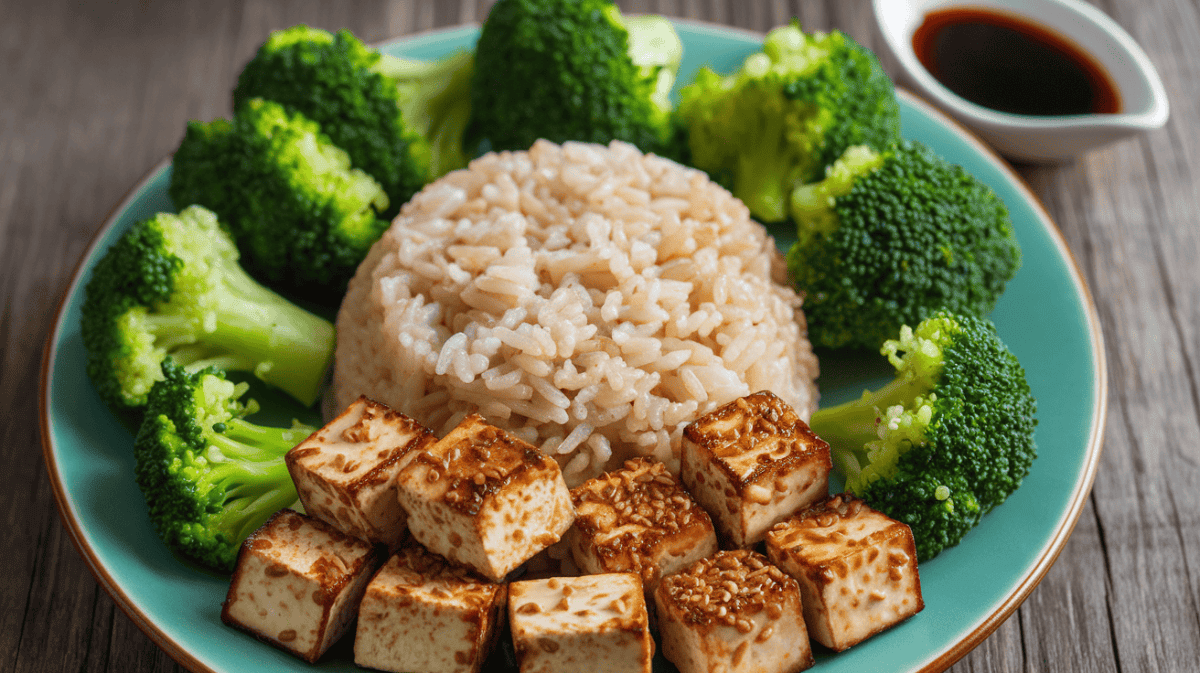 Fix meal prep mistakes by planning ahead. this meal has a serving of brown rice, broccoli, and flavored tofu squares