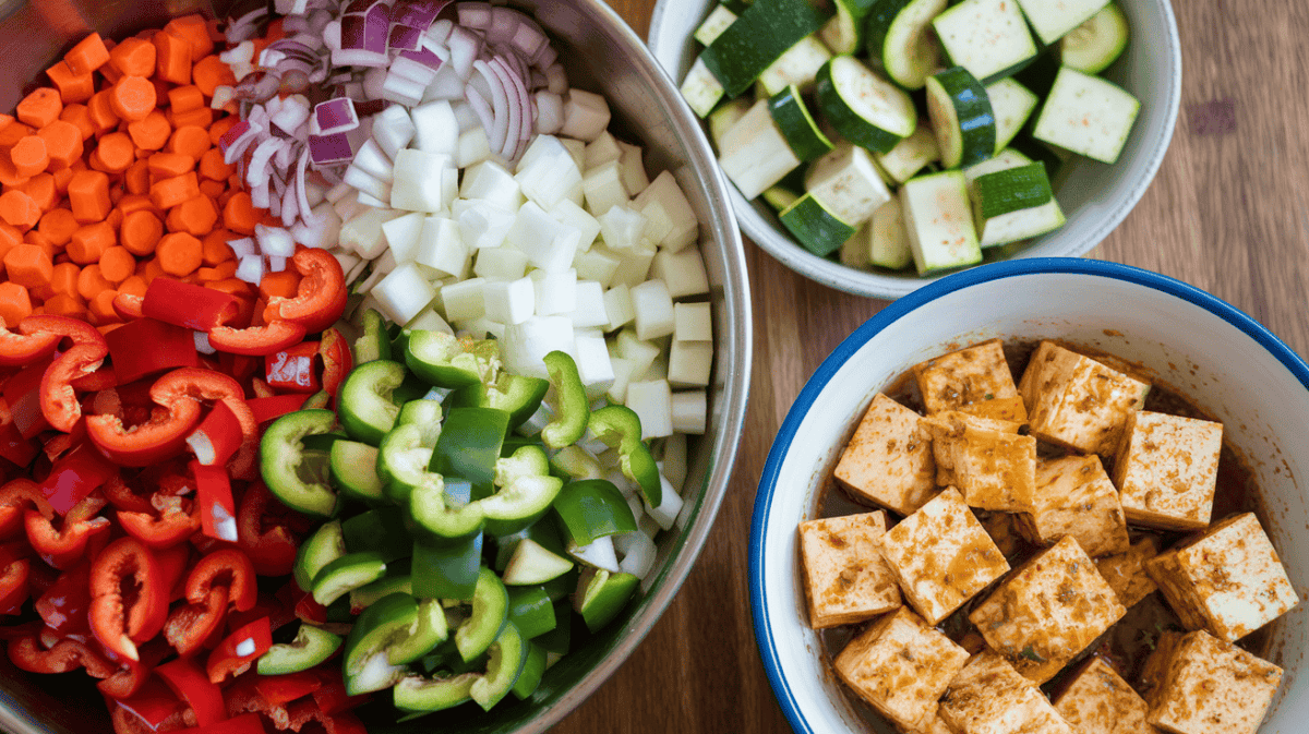 Common prep errors include not giving yourself enough time to prepare ingredients. Showing bowls full of cut vegetables and marinating tofu